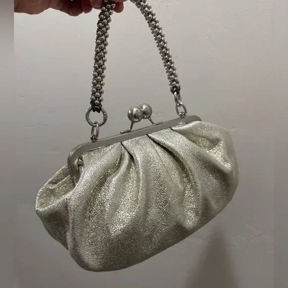Silver Glitter Sheepskin Handmade Kisslock Slouchy Clutch/Wristlet/Crossbody